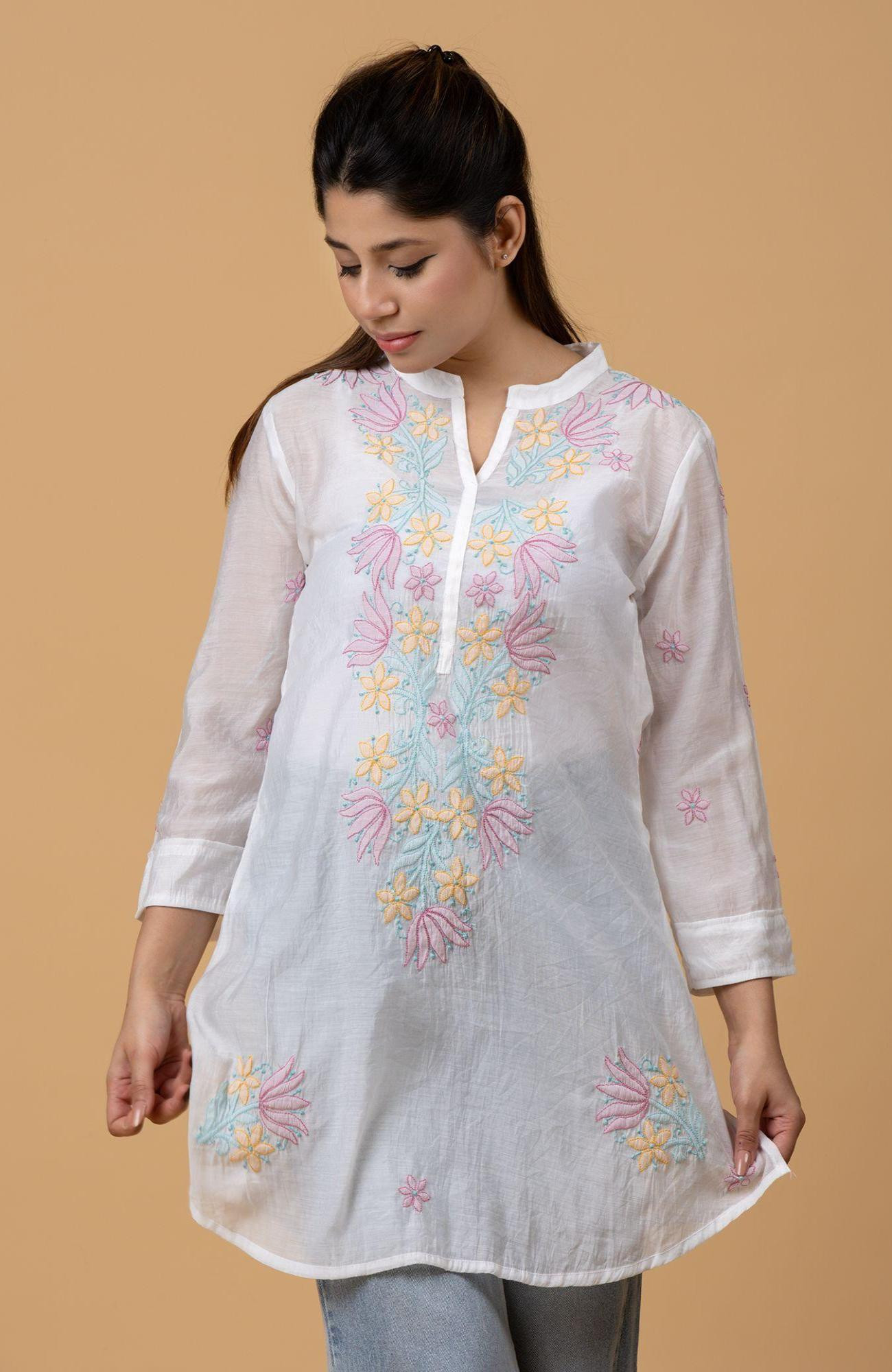 White Mul Chanderi Chikankari Short Top
