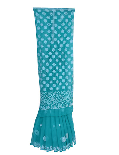 Chhangamal Hand Embroidered Turquise Blue Chikankari Faux Georgette Saree