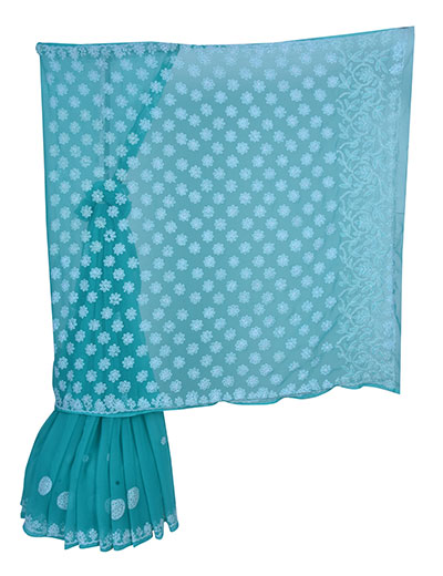 Chhangamal Hand Embroidered Turquise Blue Chikankari Faux Georgette Saree