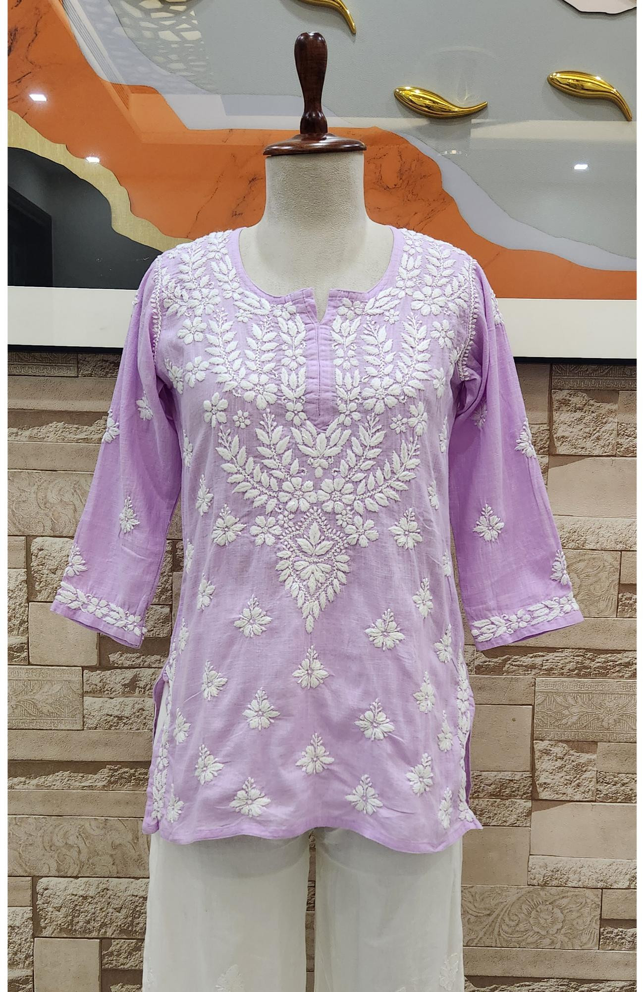 Lavender Cotton Hand Embroidered Lucknowi Chikankari Short Top  Rohia By Chhangamal