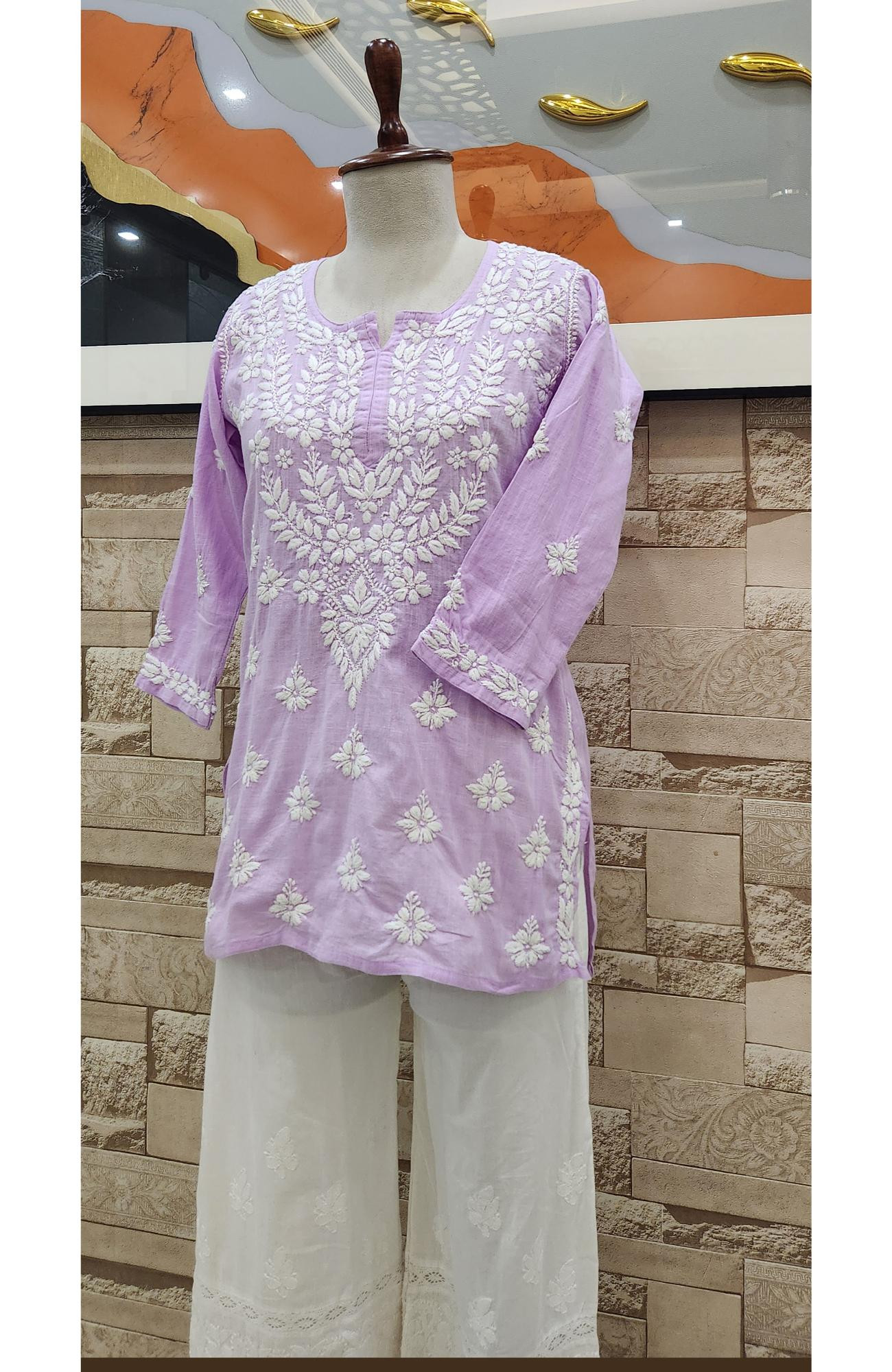 Lavender Cotton Hand Embroidered Lucknowi Chikankari Short Top  Rohia By Chhangamal