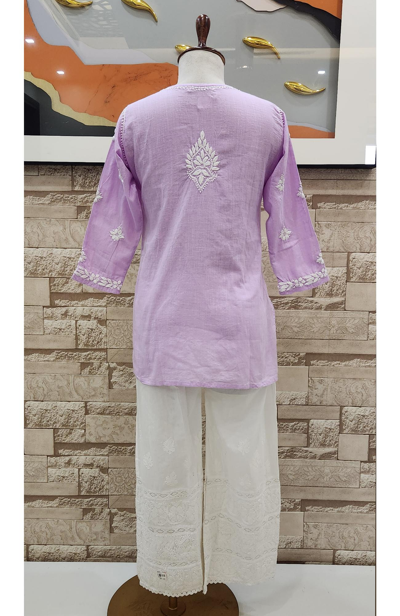 Lavender Cotton Hand Embroidered Lucknowi Chikankari Short Top  Rohia By Chhangamal
