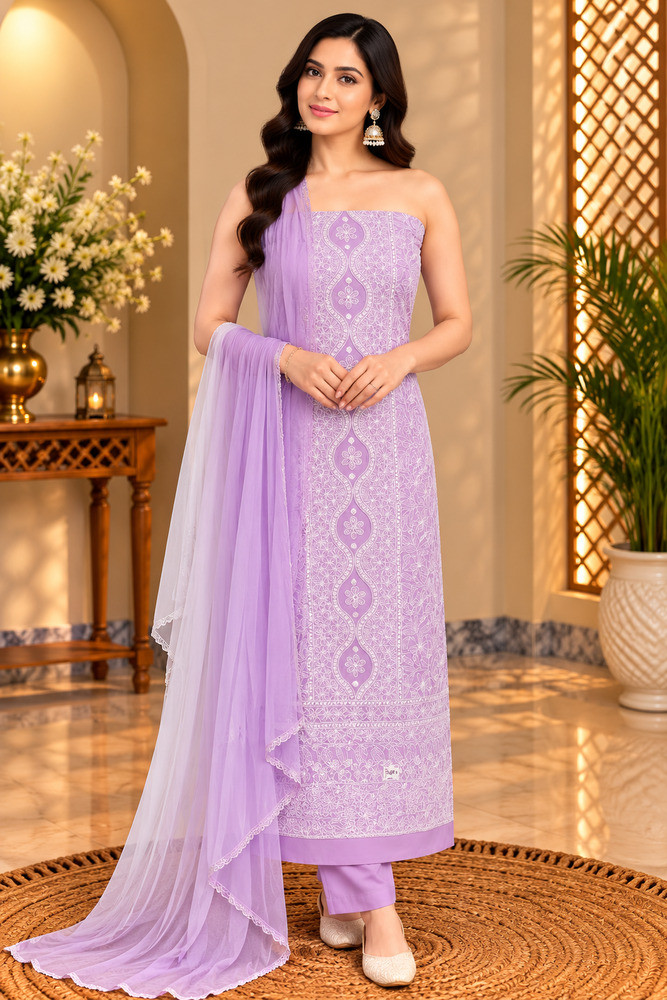 Image of Chhangamal Hand-Embroidered Lavender Cotton Chikankari Unstitched Suit Length