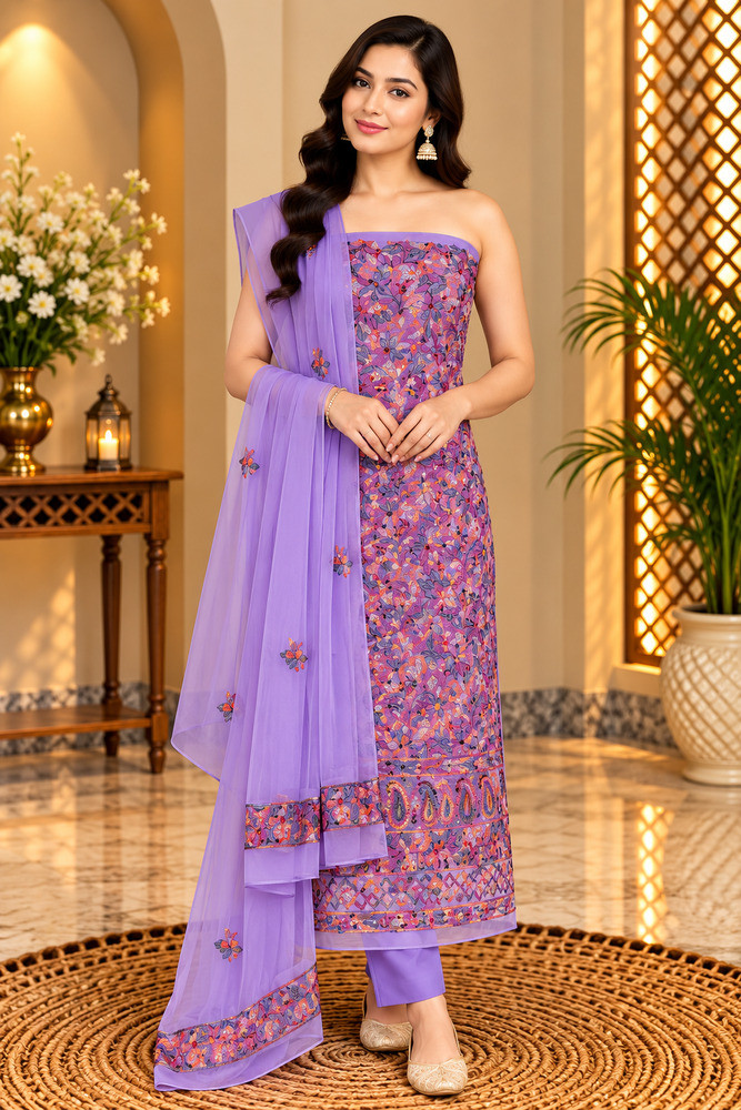 Image of Chhangamal Hand-Embroidered Lavender Georgette Chikankari Unstitched Suit Length