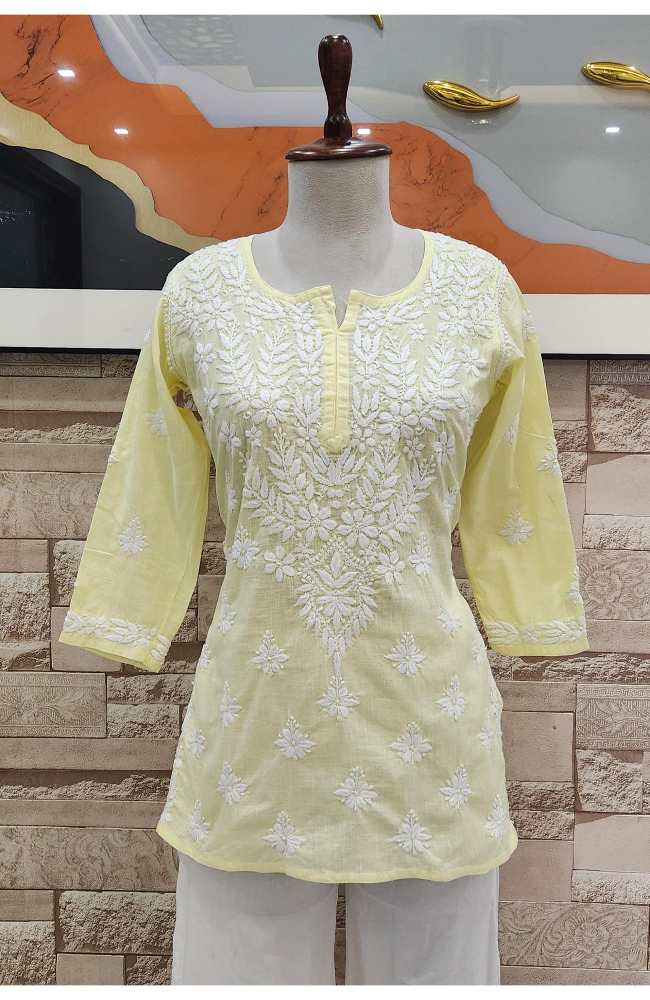 Lemon Cotton Hand Embroidered Chikankari Short Top  Rohia By Chhangamal