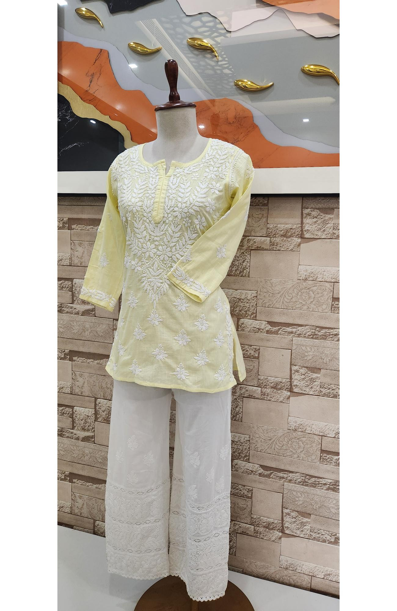 Lemon Cotton Hand Embroidered Chikankari Short Top  Rohia By Chhangamal