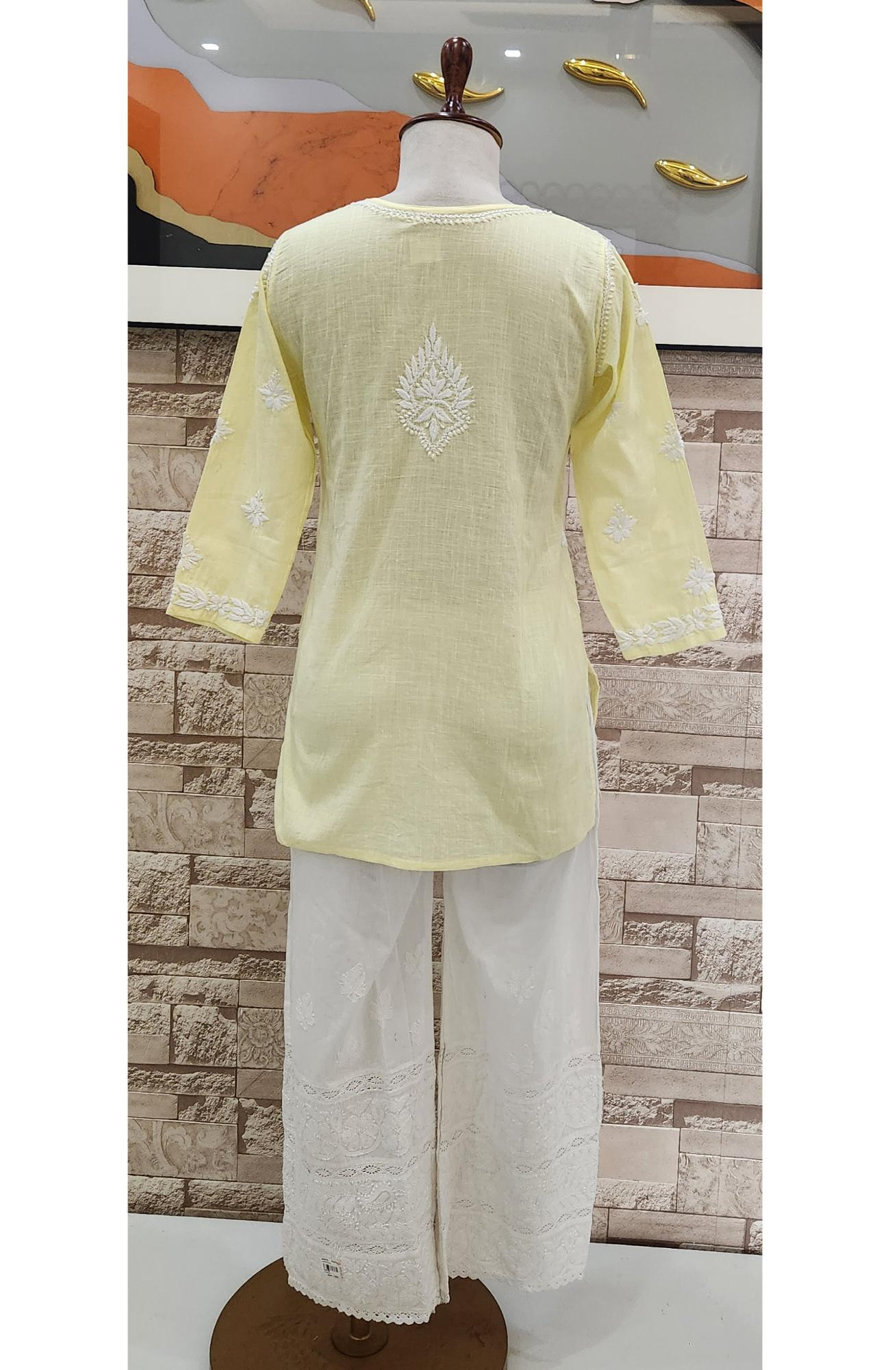 Lemon Cotton Hand Embroidered Chikankari Short Top  Rohia By Chhangamal