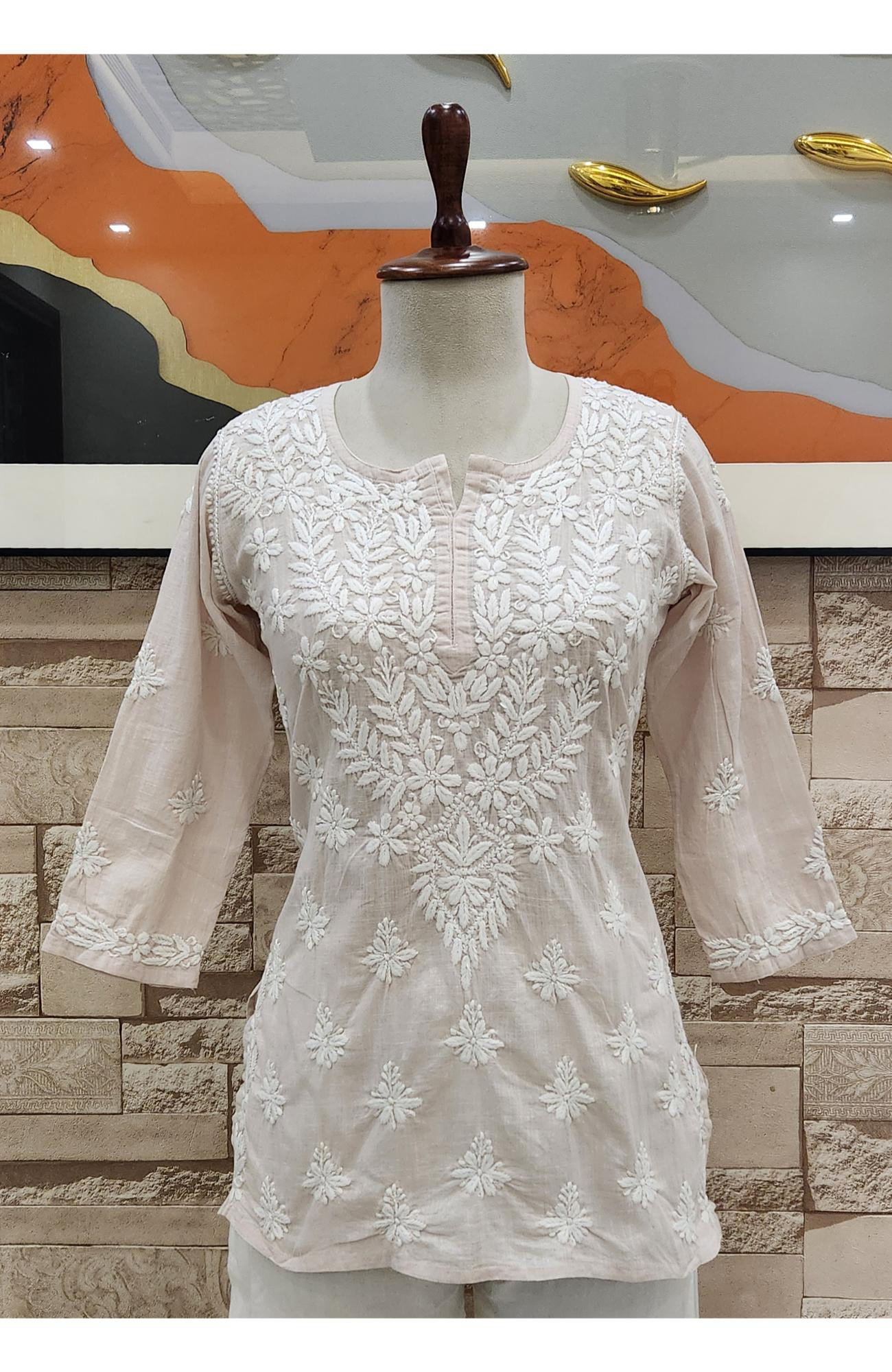 Light Beige Cotton Hand Embroidered Lucknowi Chikankari Short Top  Rohia By Chhangamal