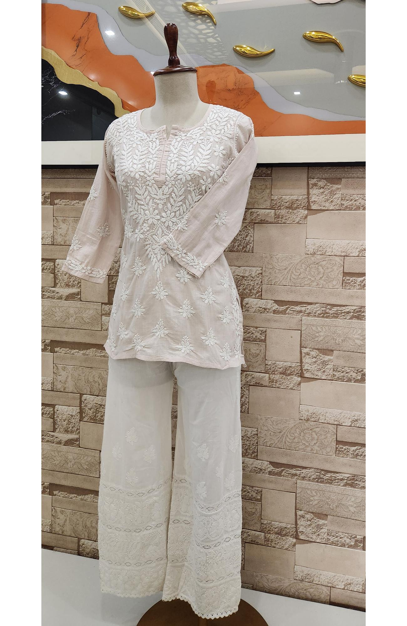 Light Beige Cotton Hand Embroidered Lucknowi Chikankari Short Top  Rohia By Chhangamal