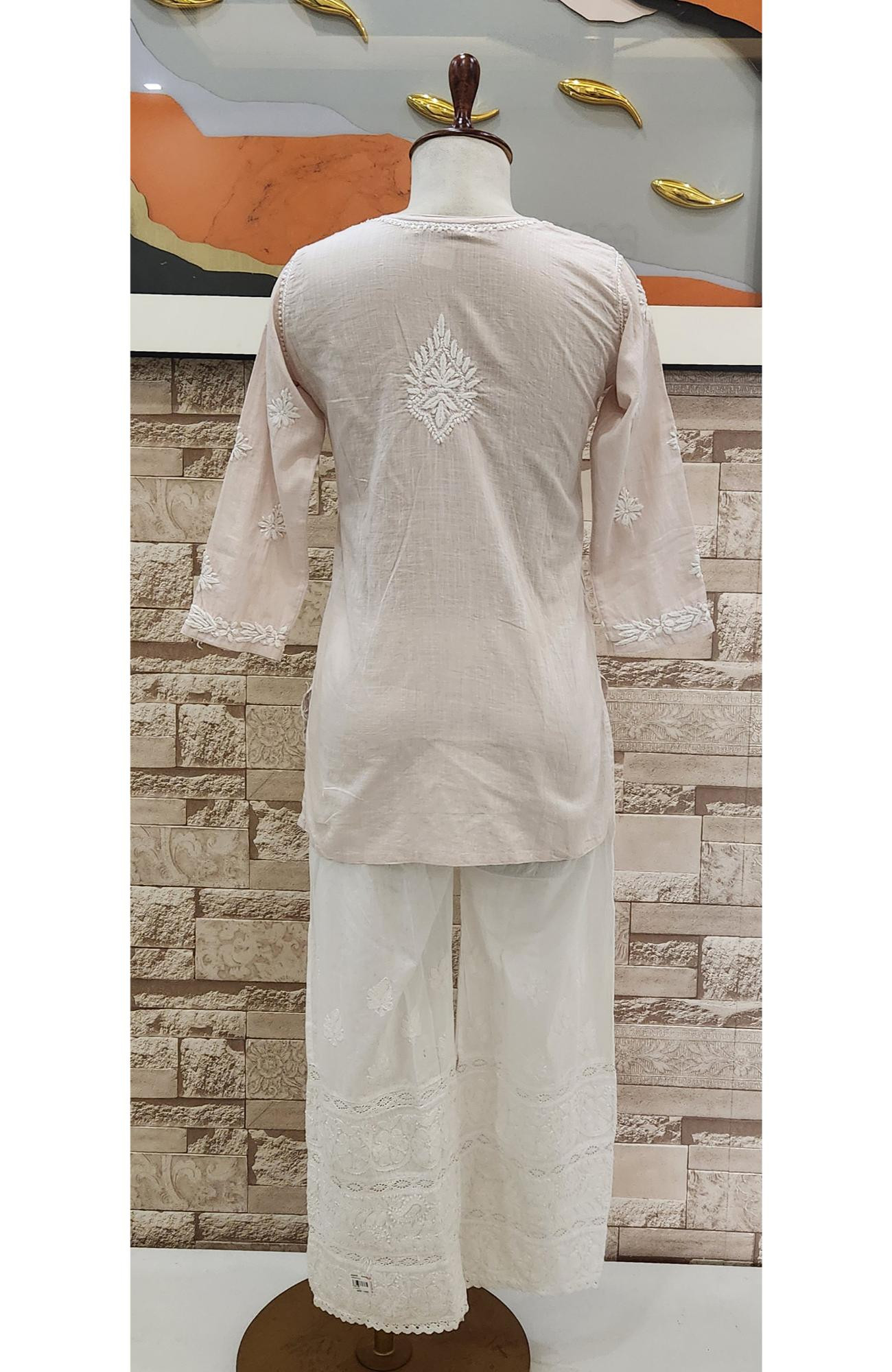 Light Beige Cotton Hand Embroidered Lucknowi Chikankari Short Top  Rohia By Chhangamal