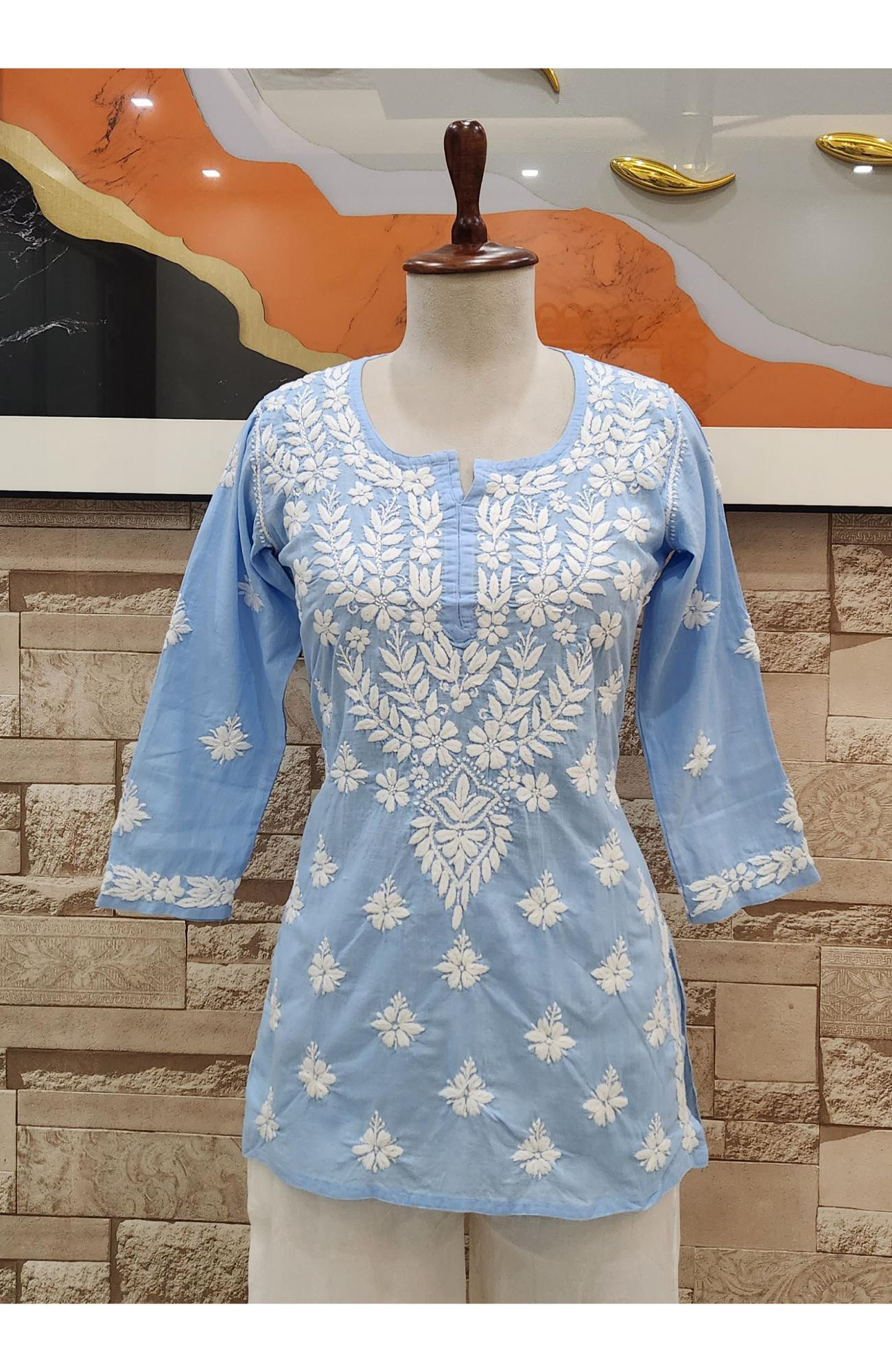 Light Blue Cotton Hand Embroidered Lucknowi Chikankari Short Top  Rohia By Chhangamal