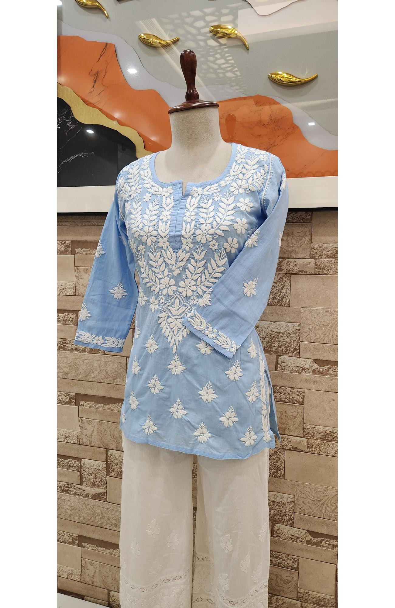 Light Blue Cotton Hand Embroidered Lucknowi Chikankari Short Top  Rohia By Chhangamal