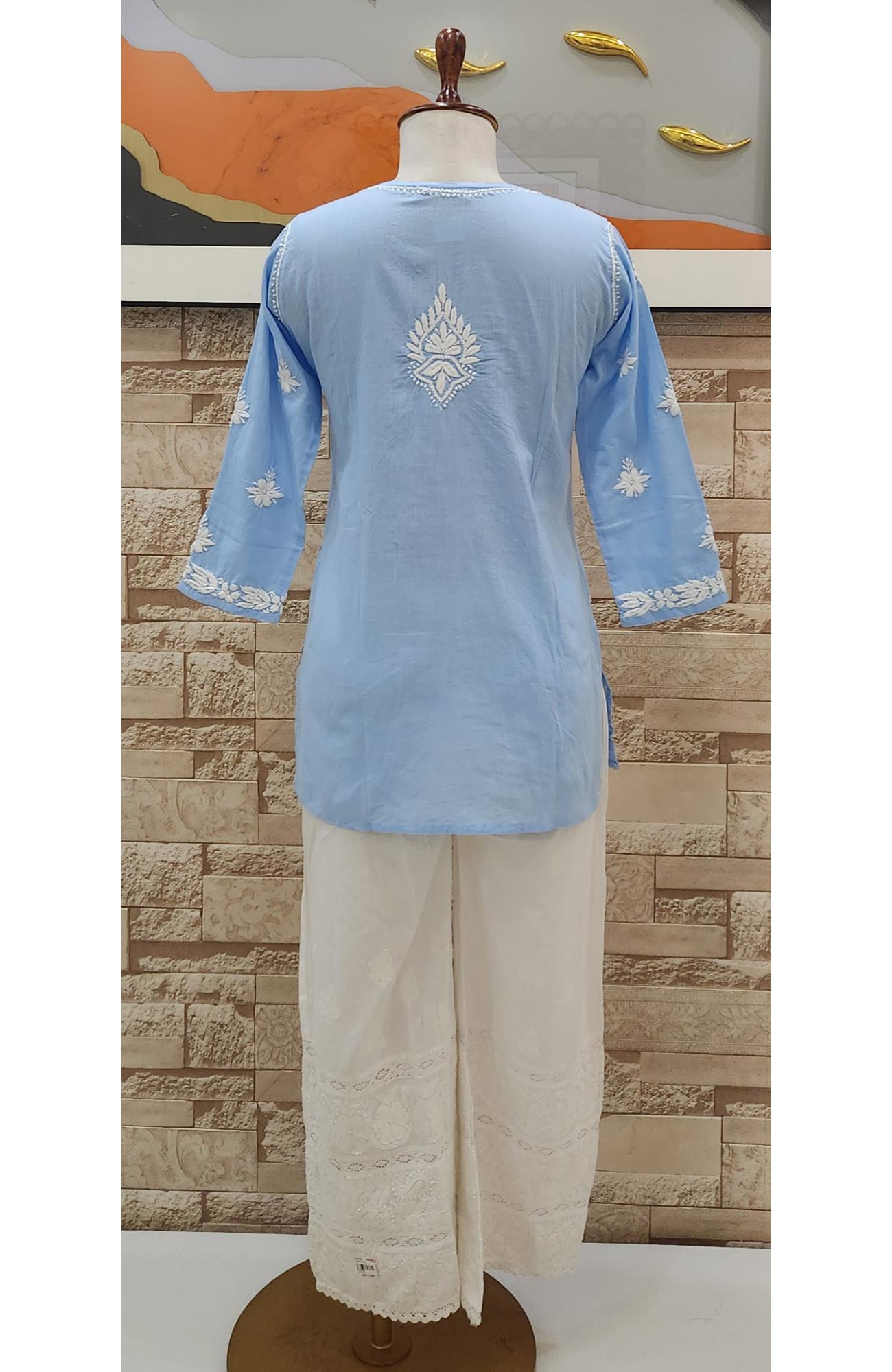 Light Blue Cotton Hand Embroidered Lucknowi Chikankari Short Top  Rohia By Chhangamal