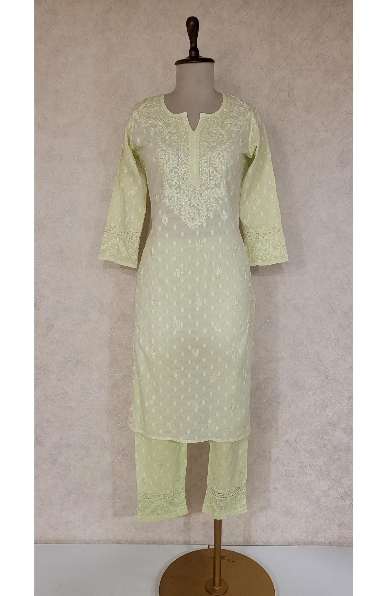 Light Green Mul Cotton Chikankari Kurta & Pant Set