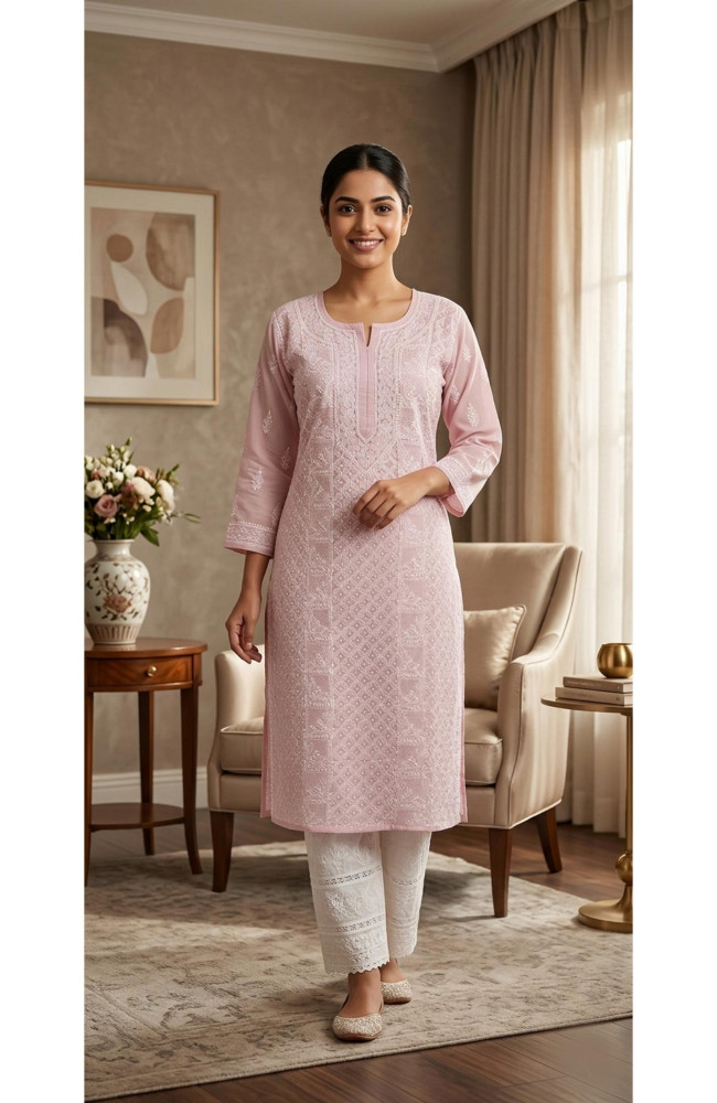 Image of Onion Pink Cotton  Hand Embroidered Chikankari Kurti