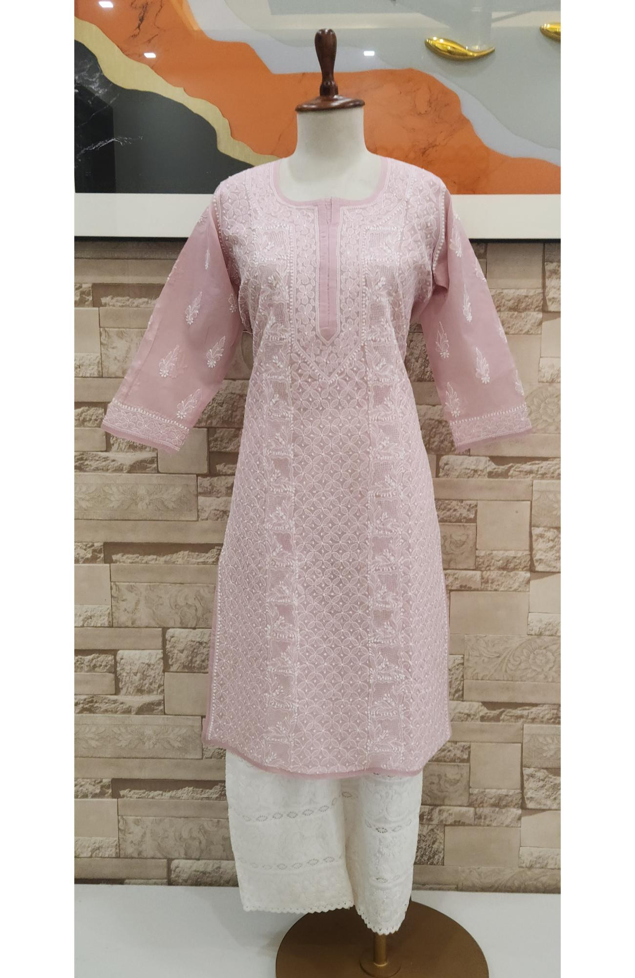 Onion Pink Cotton  Hand Embroidered Chikankari Kurti