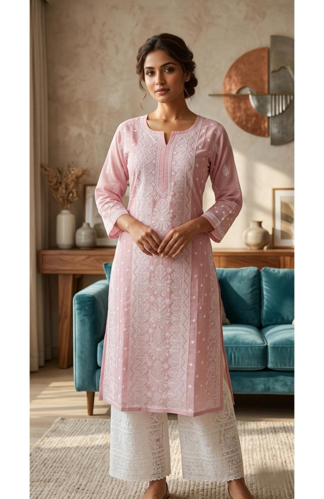 Image of Onion Pink Cotton  Hand Embroidered Chikankari Kurti I Rohia By Chhangamal