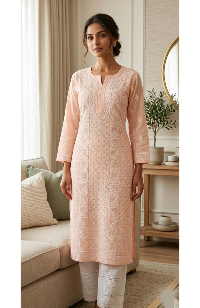 Image of Peach Pink Cotton  Hand Embroidered Chikankari Kurti