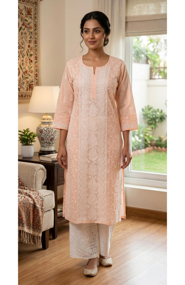 Image of Peach Pink Cotton  Hand Embroidered Chikankari Kurti I Rohia By Chhangamal