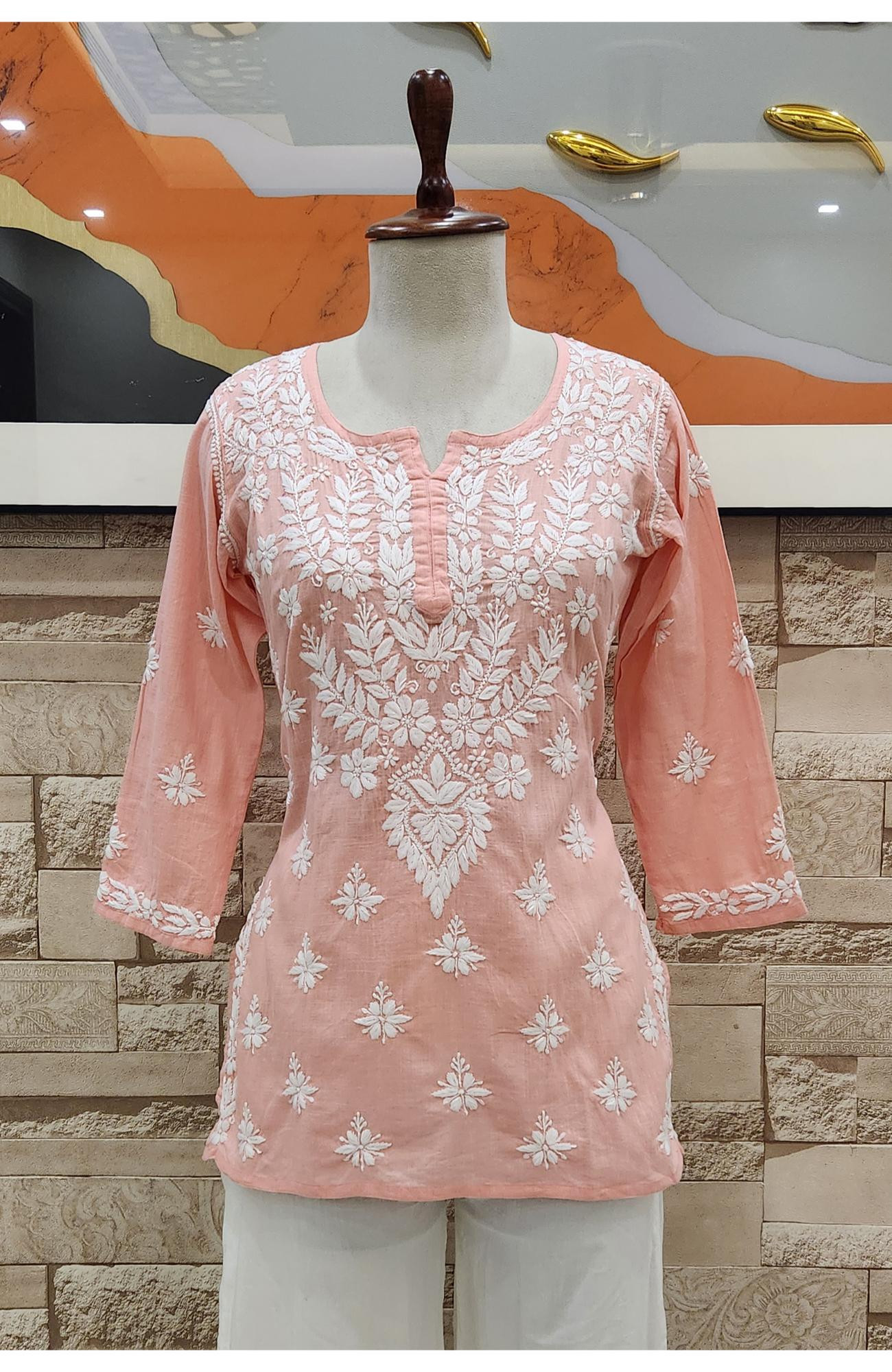 Peach Pink Cotton Hand Embroidered Lucknowi Chikankari Short Top  Rohia By Chhangamal