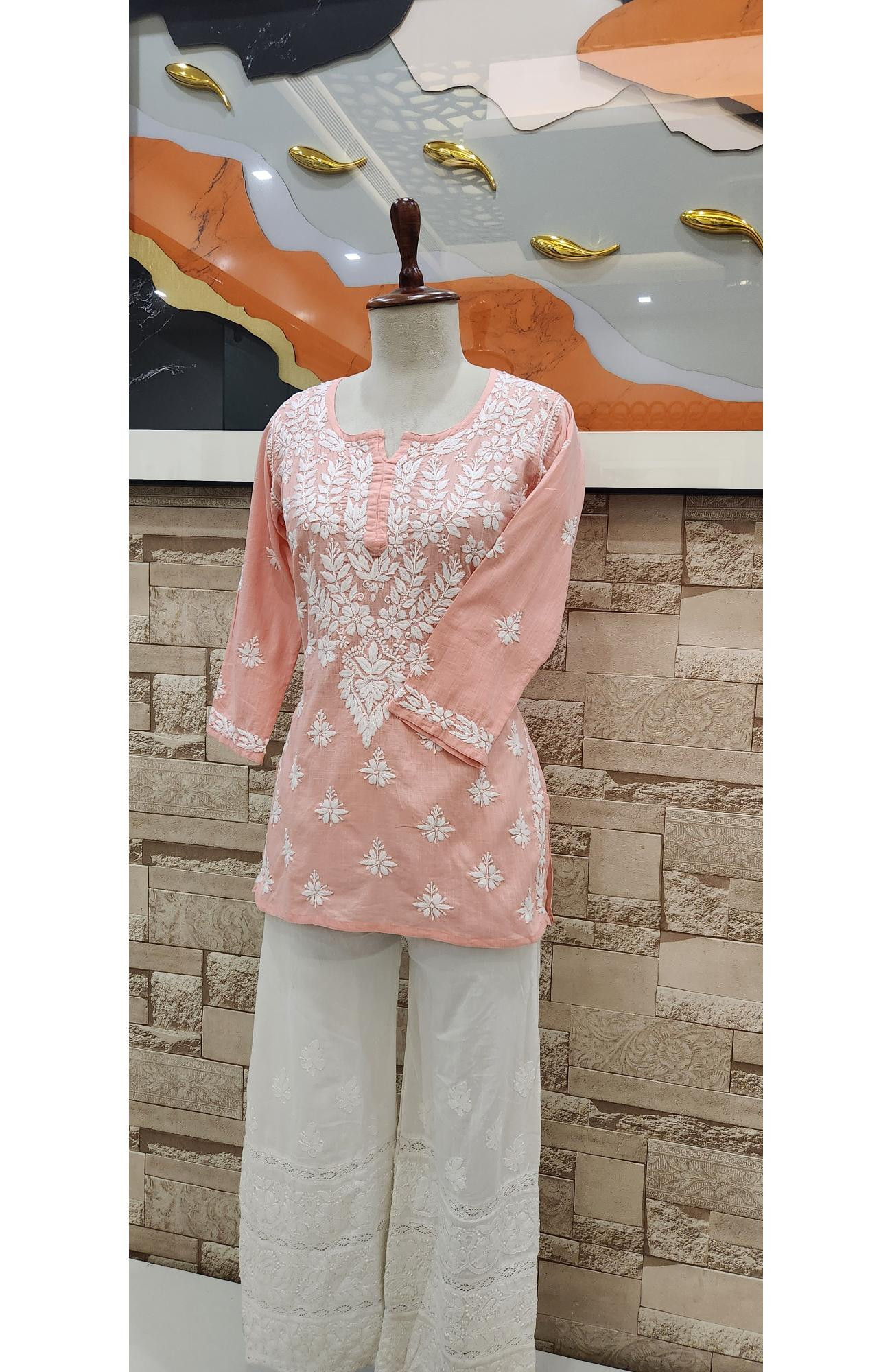 Peach Pink Cotton Hand Embroidered Lucknowi Chikankari Short Top  Rohia By Chhangamal