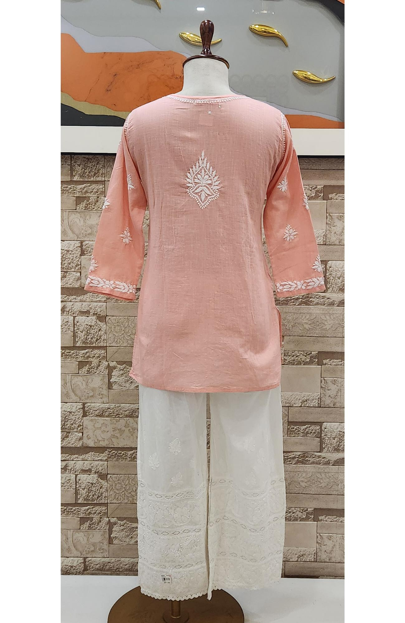 Peach Pink Cotton Hand Embroidered Lucknowi Chikankari Short Top  Rohia By Chhangamal