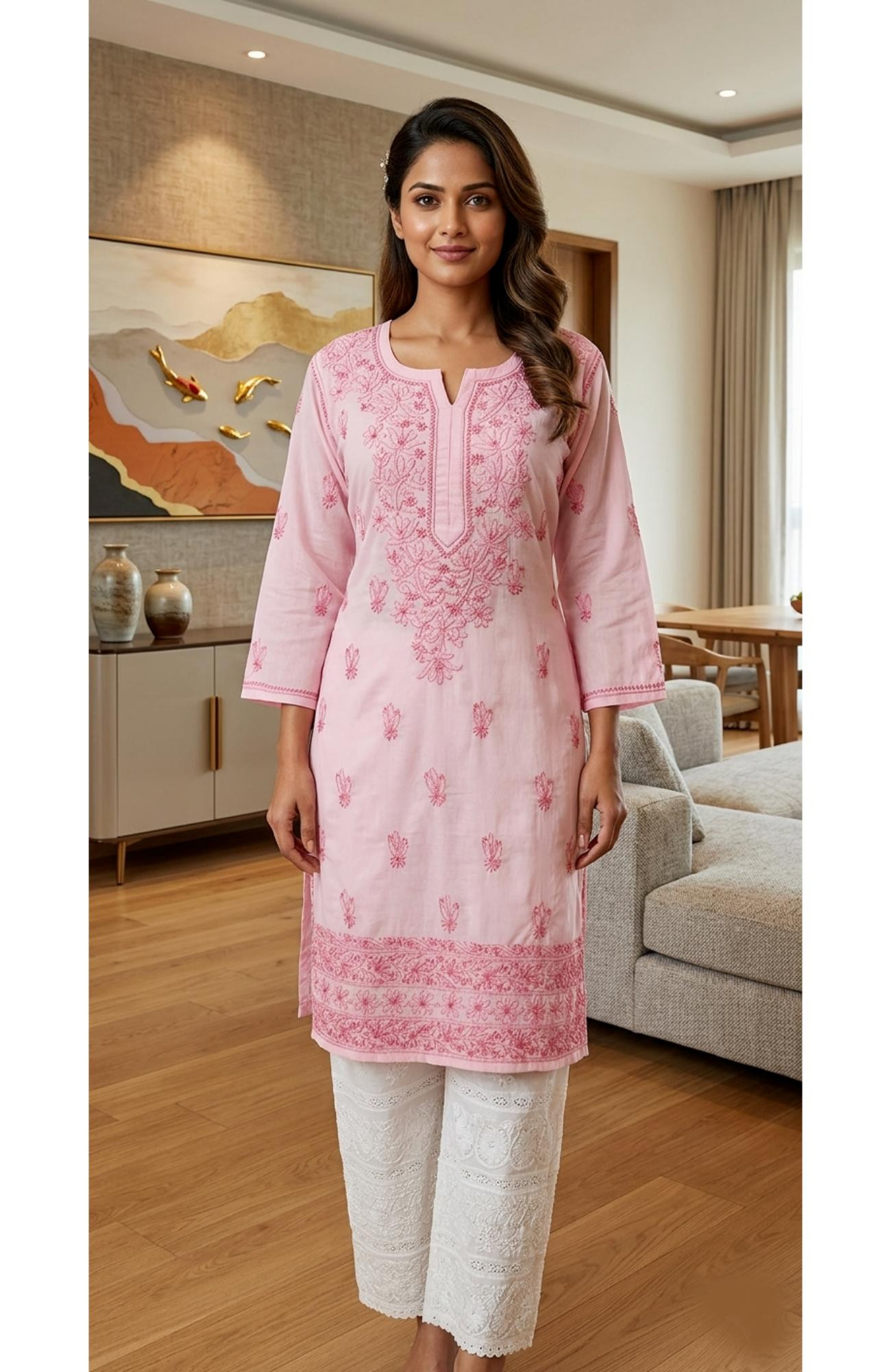 Pink Cotton  Hand Embroidered Chikankari Kurti