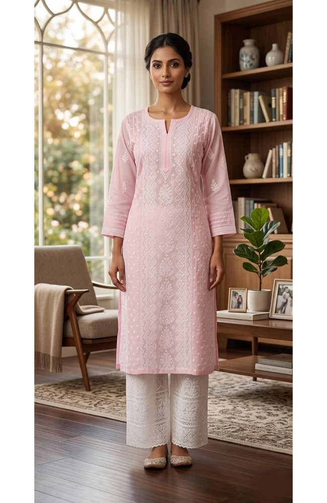 Image of Pink Cotton  Hand Embroidered Chikankari Kurti