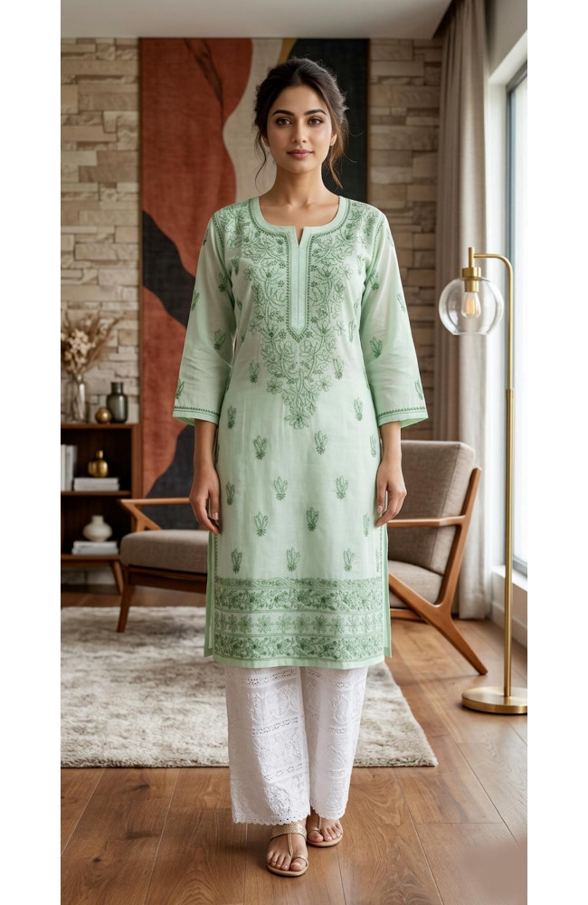 Image of Light Pista  Cotton  Hand Embroidered Chikankari Kurti