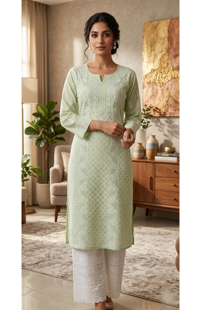 Image of Pista Green  Cotton  Hand Embroidered Chikankari Kurti
