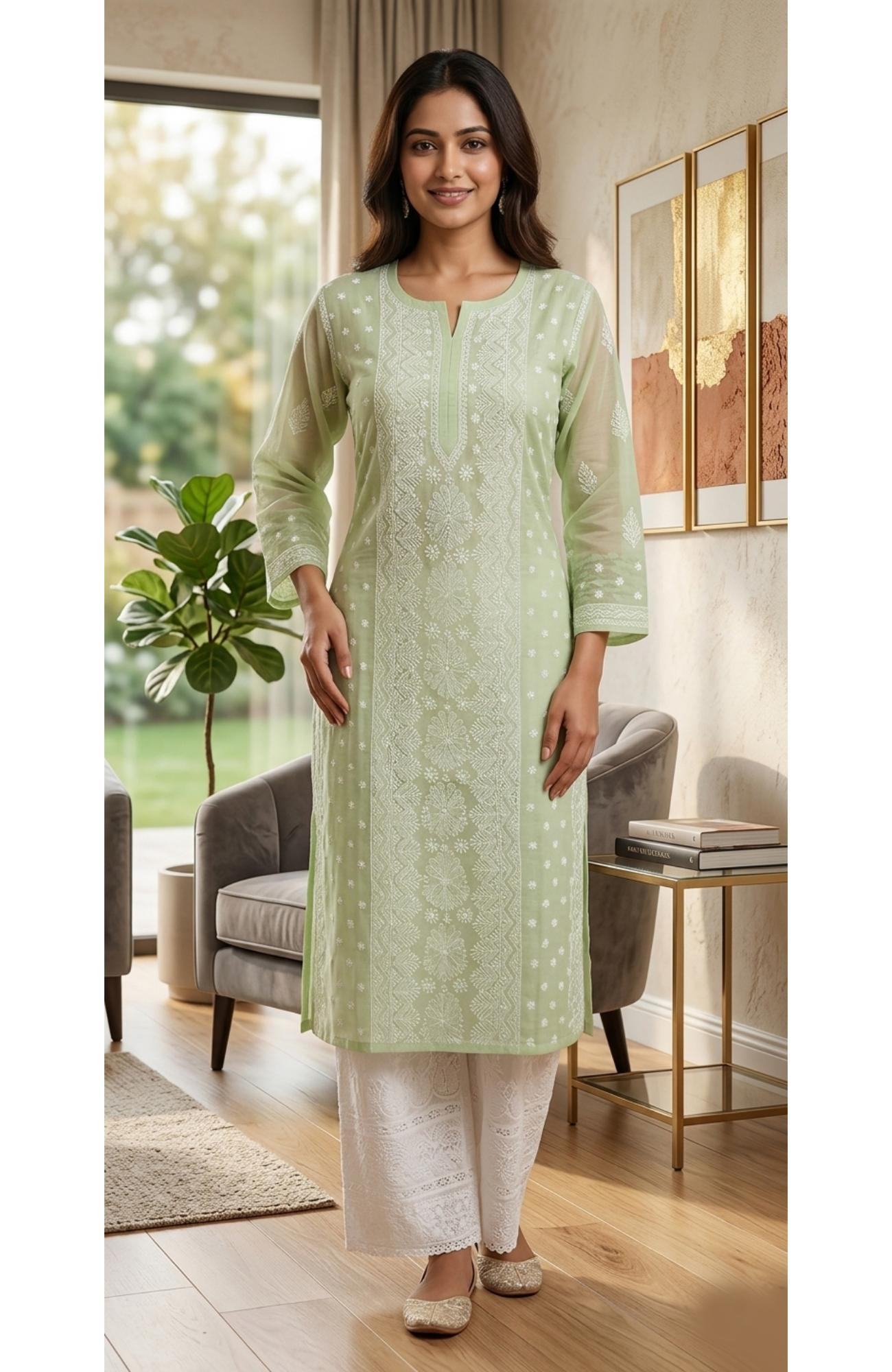 Pista Green Cotton  Hand Embroidered Chikankari Kurti