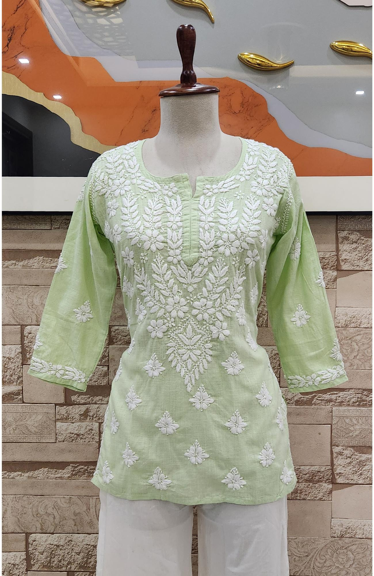 Pista Green Cotton Lucknowi Chikankari Short Top Handcrafted  Rohia By Chhangamal