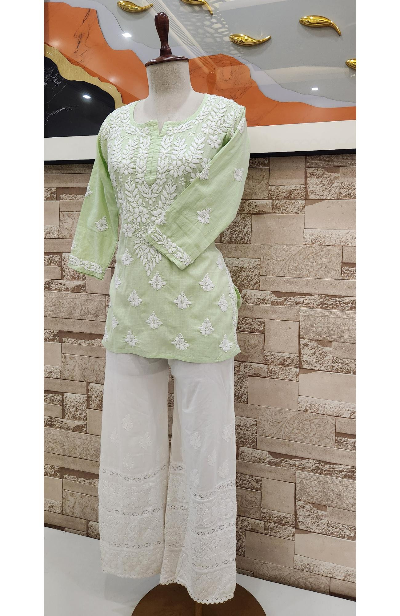 Pista Green Cotton Lucknowi Chikankari Short Top Handcrafted  Rohia By Chhangamal