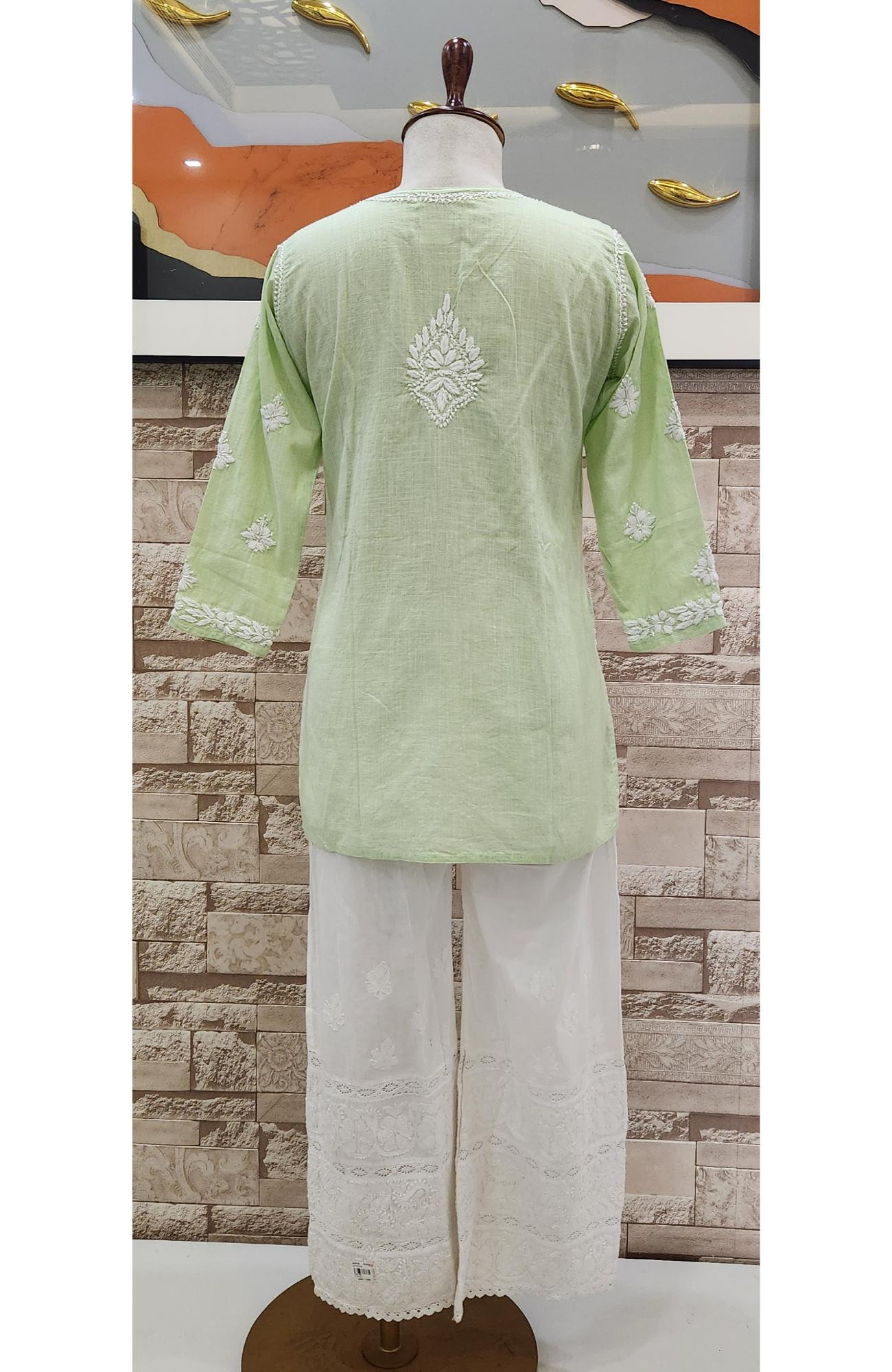Pista Green Cotton Lucknowi Chikankari Short Top Handcrafted  Rohia By Chhangamal