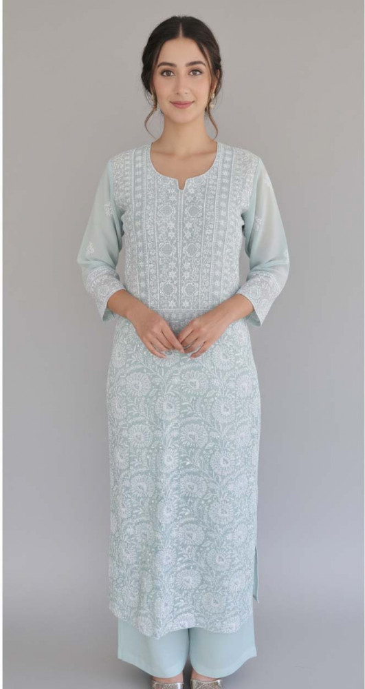 Image of Rohia Pastel Light Blue Pure Georgette Chikankari 3 Piece Suit Length