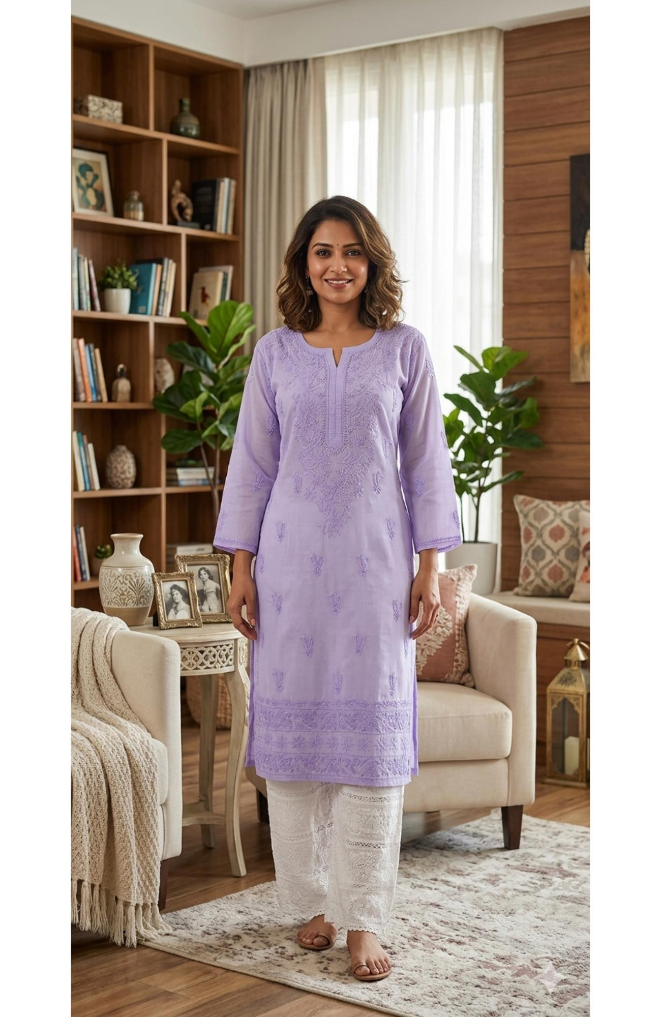 Purple  Cotton  Hand Embroidered Chikankari Kurti