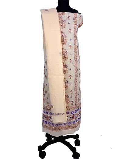 Rohia by Chhangamal Hand Embroidered Badami Colour Unstitched Cotton Chikan Suit Length 0523