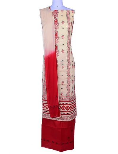 Rohia by Chhangamal Hand Embroidered Beige Colour Unstitched Cotton Chikan Suit Length SL1171