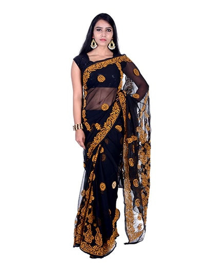 Rohia by Chhangamal Hand Embroidered Black Faux Georgette Chikan Saree S9047