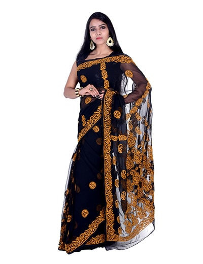Rohia by Chhangamal Hand Embroidered Black Faux Georgette Chikan Saree S9047