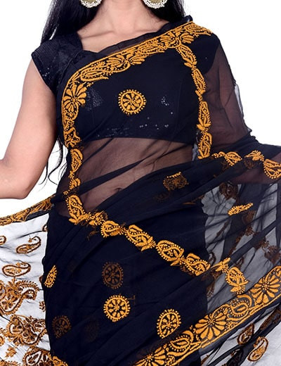 Rohia by Chhangamal Hand Embroidered Black Faux Georgette Chikan Saree S9047