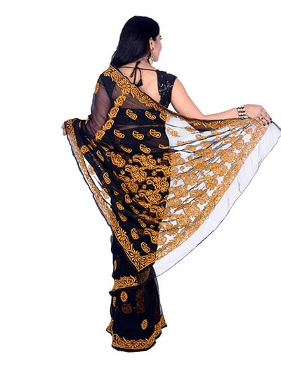 Rohia by Chhangamal Hand Embroidered Black Faux Georgette Chikan Saree S9047