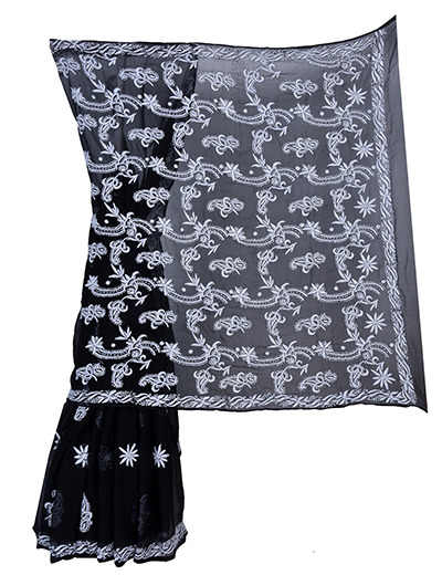 Rohia by Chhangamal Hand Embroidered Black Georgette Chikankari Saree With Blouse - S9083