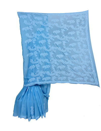 Rohia by Chhangamal Hand Embroidered Border Palla Light Blue Chikankari Saree With Blouse - S9083