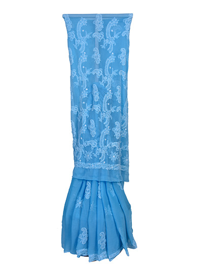 Rohia by Chhangamal Hand Embroidered Border Palla Light Blue Chikankari Saree With Blouse - S9083