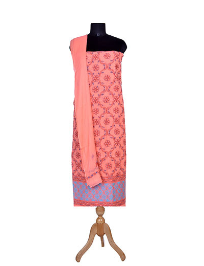 Rohia by Chhangamal Hand Embroidered Dark Peach Colour Unstitched Cotton All Over Jaal Chikankari Suit Length With Daman Patch Work SL1265