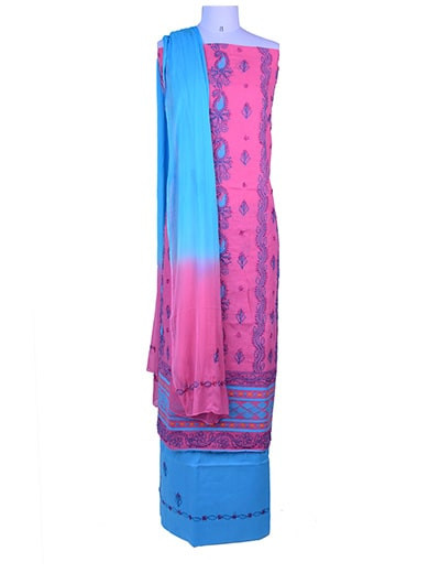 Rohia by Chhangamal Hand Embroidered Dark Pink Cotton Unstitched Chikan Suit Length 0523