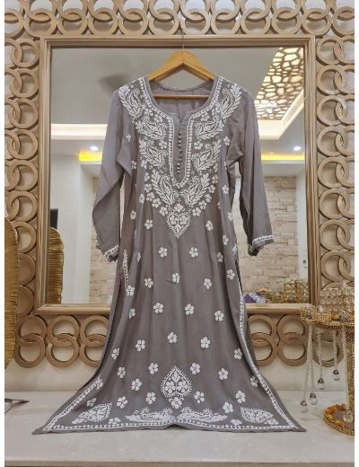 Rohia by Chhangamal Hand Embroidered Grey Color Rayon Cotton Chikankari Kurti 05/23