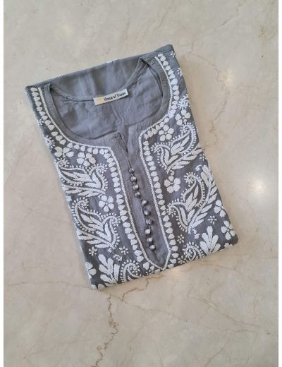 Rohia by Chhangamal Hand Embroidered Grey Color Rayon Cotton Chikankari Kurti 05/23
