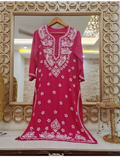 Rohia by Chhangamal Hand Embroidered Hot Pink Color Rayon Cotton Chikankari Kurti 05/23